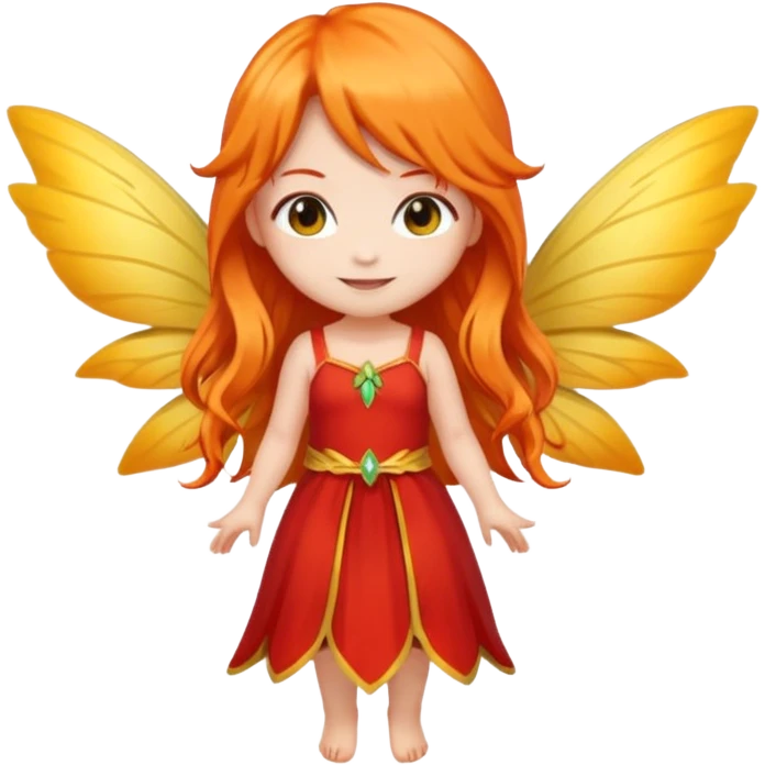 fairy with long orange hair, yellow wings, red dress, happy, chibi full body emoji