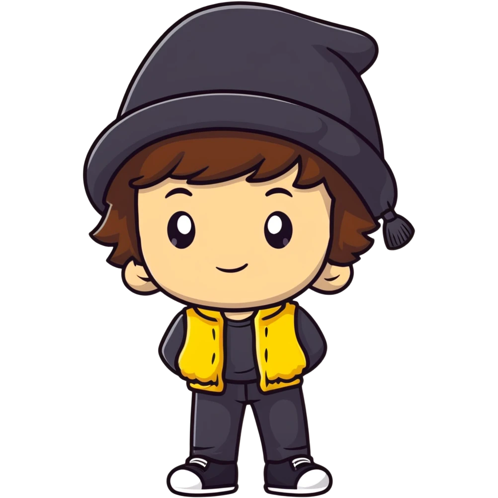 cute boy with fluffy brown hair wearing a black hat with yellow decoration emoji
