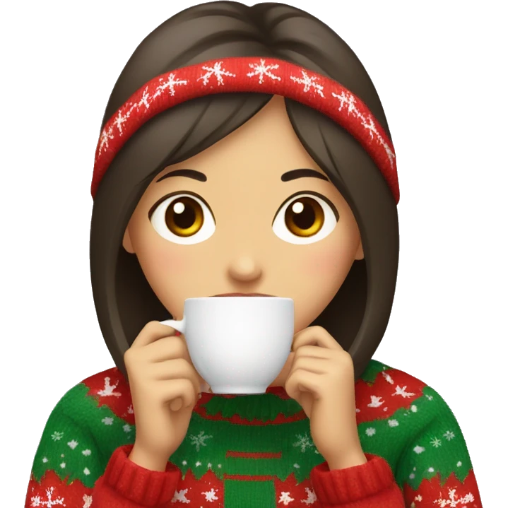 asian girl drinking coffee wearing Christmas sweater emoji