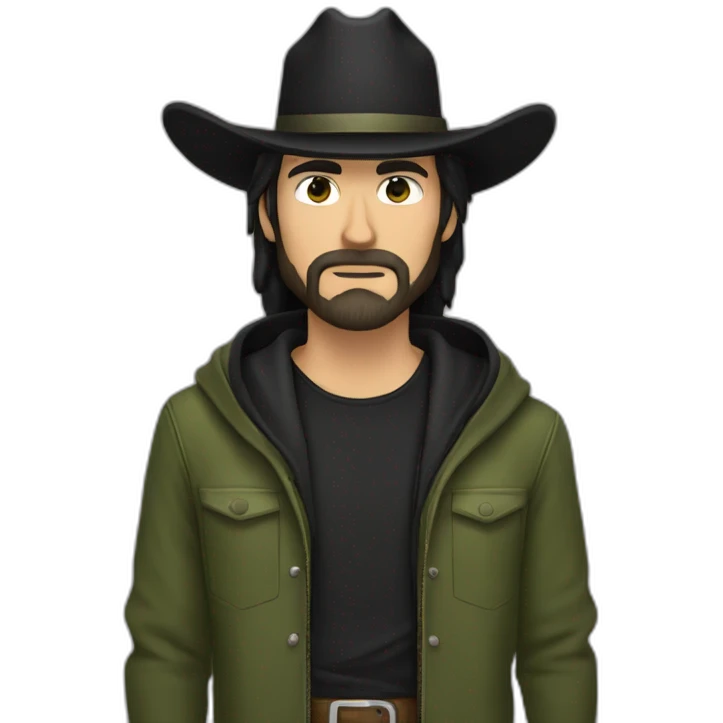 White hazel eyed cowboy with black long hair and beard wearing a black cowboy hat and olive green hoodie emoji