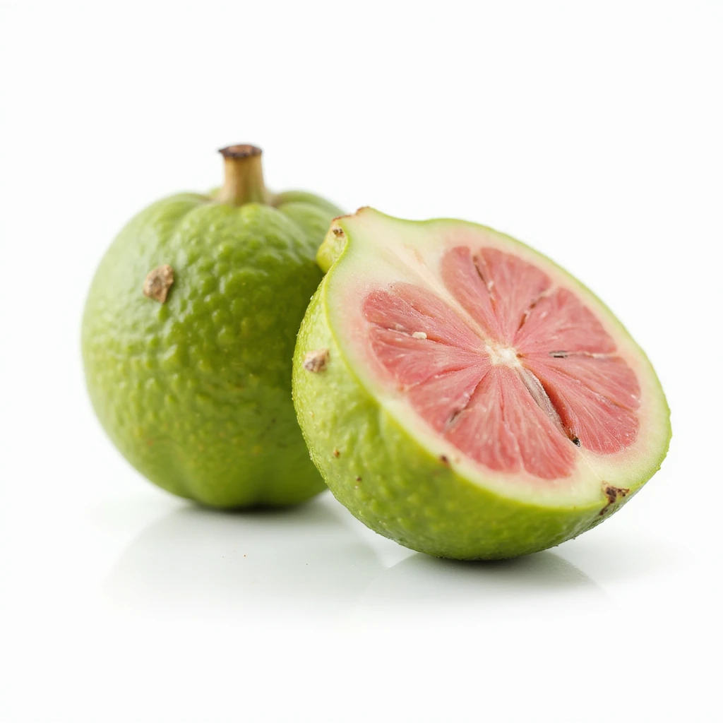 realistic guava fruit with vibrant green and pink colors, isolated, no background, highly detailed emoji