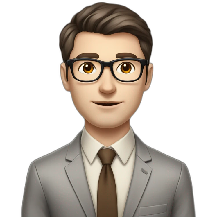 Pale skinned fit man with dark brown hair in gray jacket, beige office shirt, brown tie, brown pants and vintage glasses Writing on the flipchart emoji