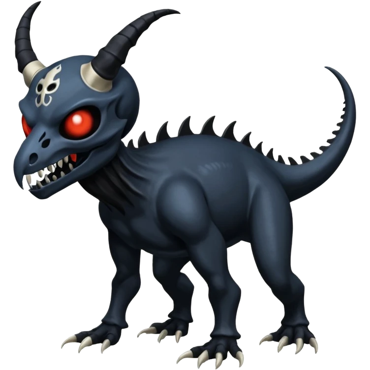 Shiny Dark Edgy  Duskull-Salandit-Inteleon-Amaura-Fakémon-hybrid-creature (full body) with a horned animal-skull-mask emoji