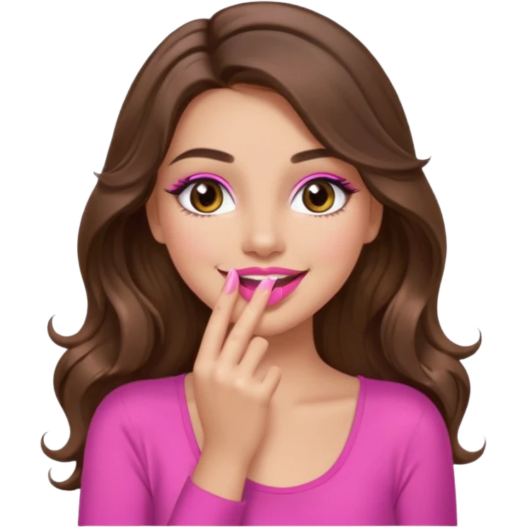 girl with long wavy brown hair, brown eyes, long lashes makeup, sexy pink lips, light to medium complexion, pink sexy top, smiling, hand covering mouth emoji
