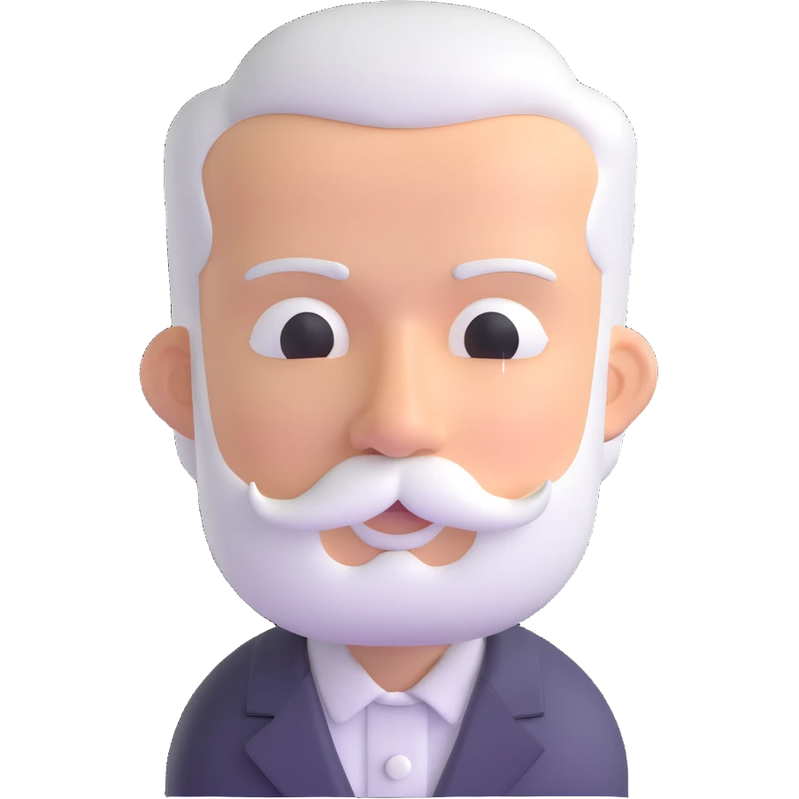man with oval-shaped flat-top head, bushy white mustache, wearing a white shirt with three white buttons emoji