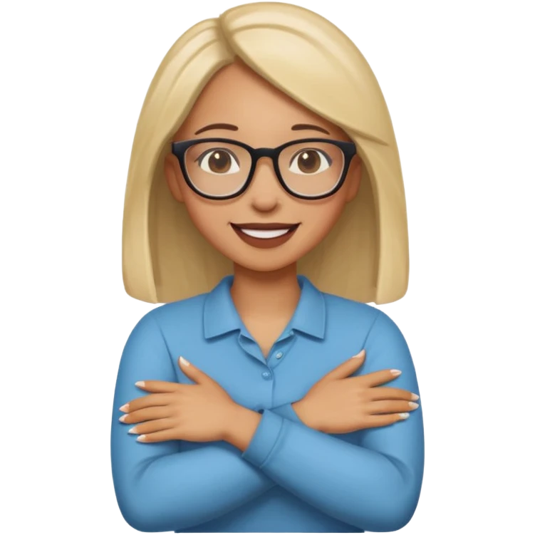 Mixed girl with straight hair and glasses with arms crossed holding neck laughing  emoji