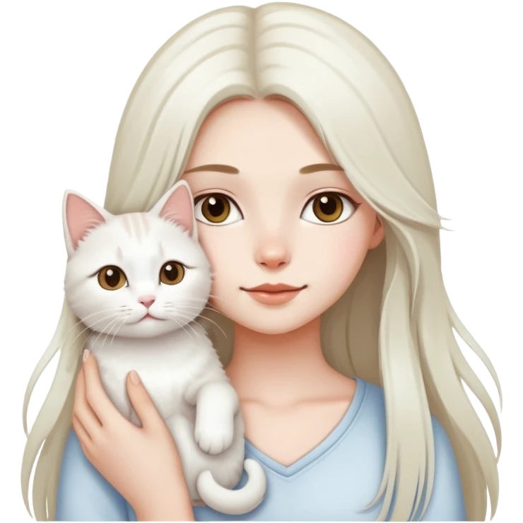 A pretty girl with a long layered hair with a white cute cat with her emoji