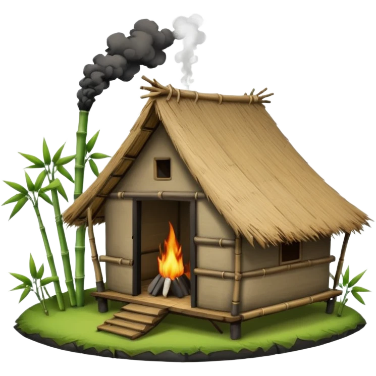 bamboo hut with volcano in the back emoji
