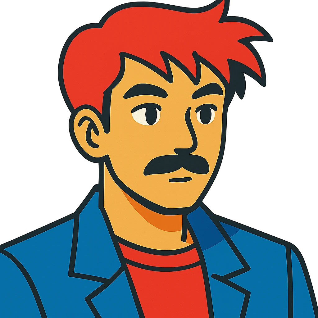 asian man with black mustache and red hair, 90's anime style, vibrant toon style emoji