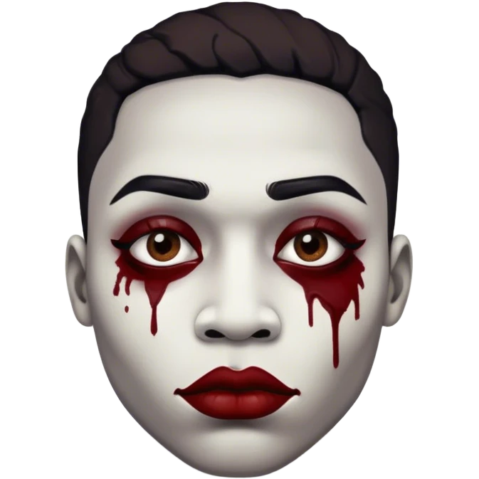 black male . The makeup consists of a white-painted face with black smudged eye makeup that extends outward, creating a haunting, exaggerated look. Their lips are painted deep red, smeared outward in an unsettling, almost sinister manner, resembling the Joker-inspired style of makeup. emoji