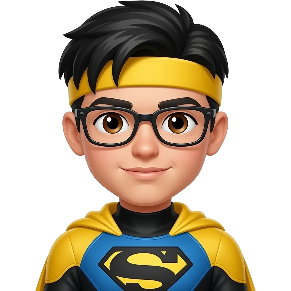 Teenage Superhero half body black slick hair brown eyes beige skin superhero glasses yellow headband and yellow/black/blue hero suit, no cape emoji