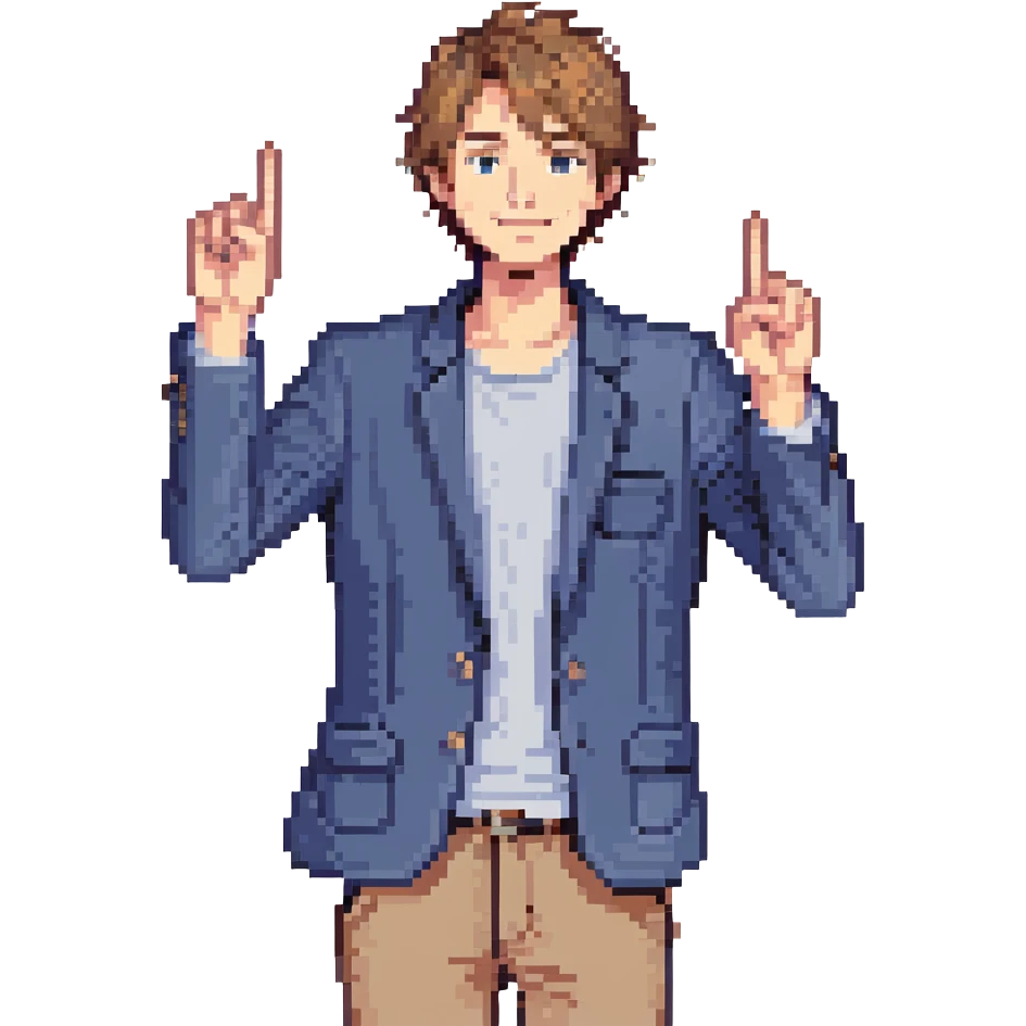 Flat pixel are, lively and clever male debater, fair skin, short messy light brown hair, sharp eyes with a mischievous smile, wearing indigo blazer over a casual t-shirt, one hand raised mid-gesture, waist-up, front-facing emoji
