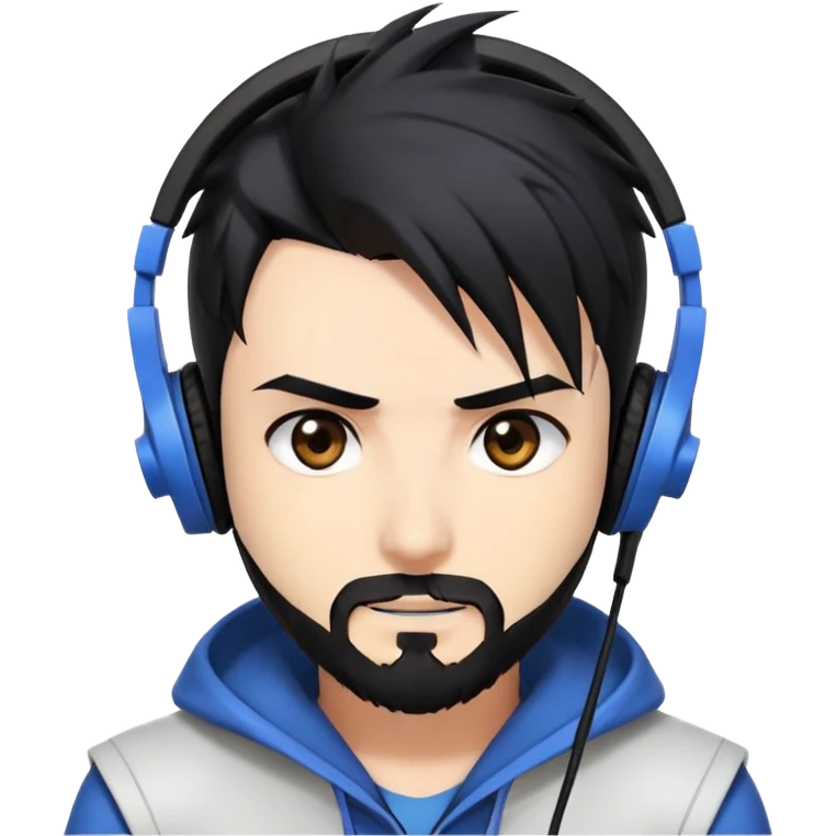 Highly detailed anime-style man with spiky black hair, expressive brown eyes, neat black beard, wearing professional gaming headphones, sharp facial features, anime shading and highlights emoji