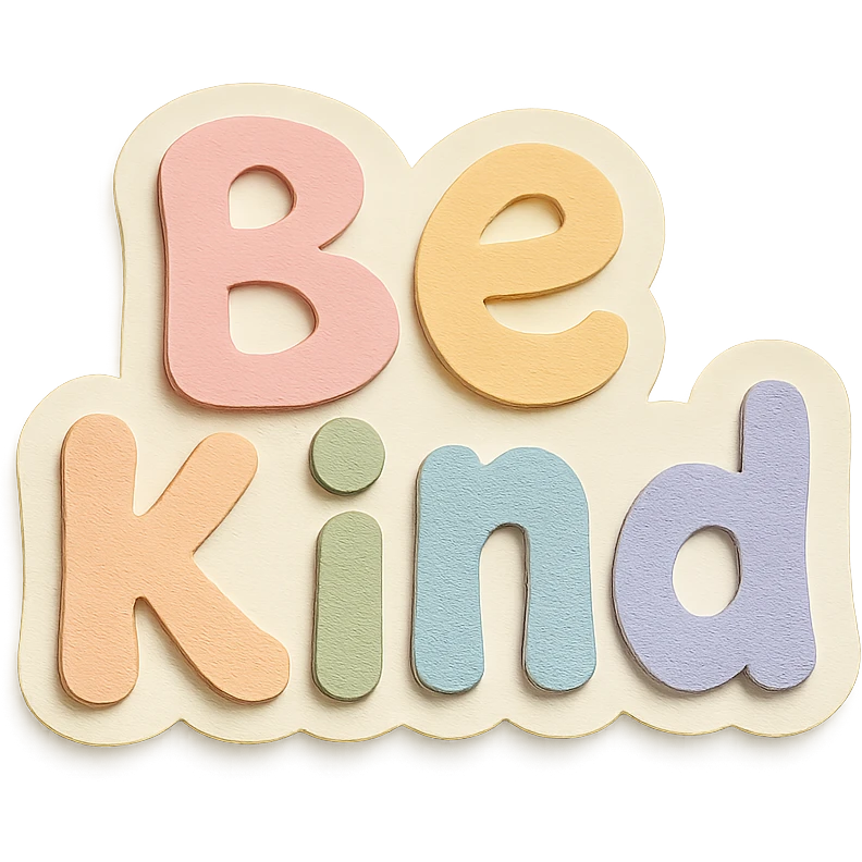 Whimsical bubbly "Be Kind" in soft pastel rainbow hand lettering, cute sticker, high resolution, transparent background emoji