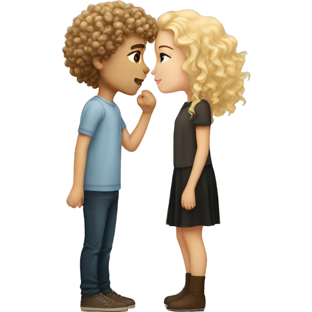 Short curly haired brunette boy with light skin kissing long haired blonde girl emoji