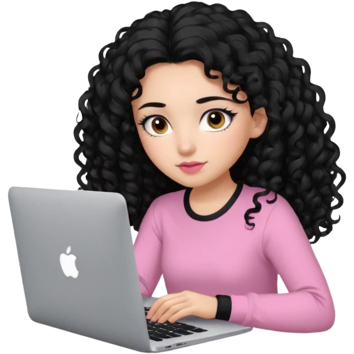 a girl typing mac book with long black curly hair and brown eyes with black eyeliner, pink shirt emoji