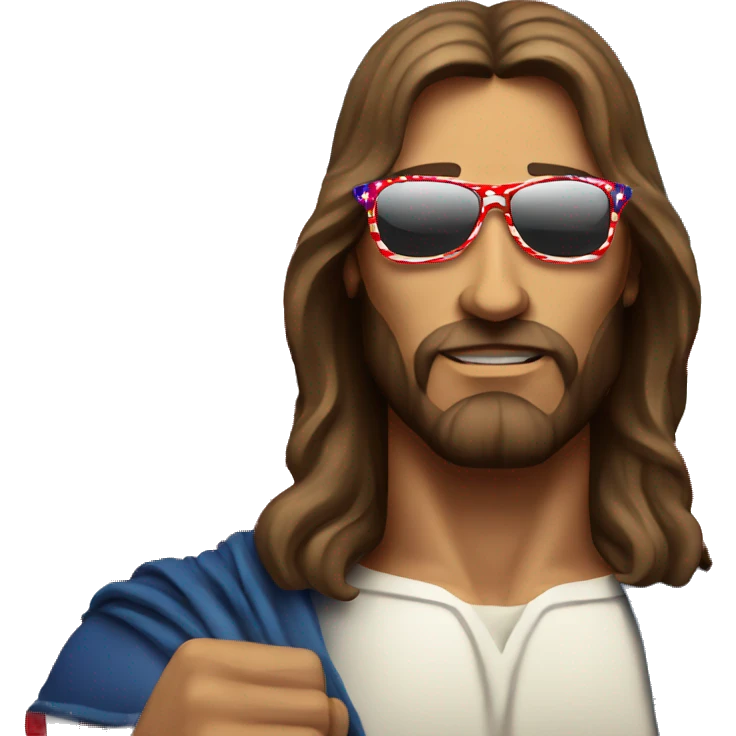Muscular Jesus wearing sunglasses and holding the American flag emoji