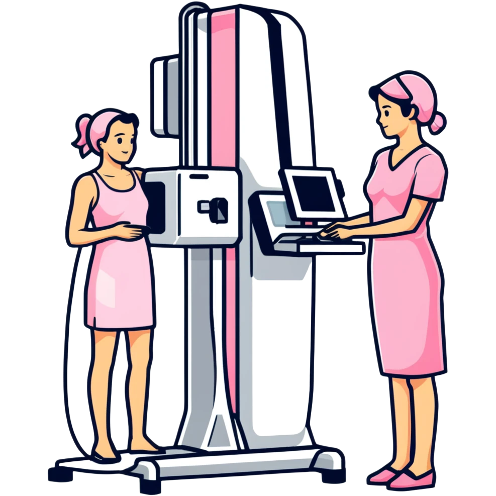 Mammogram breast cancer screening machine with female patient, medical test emoji