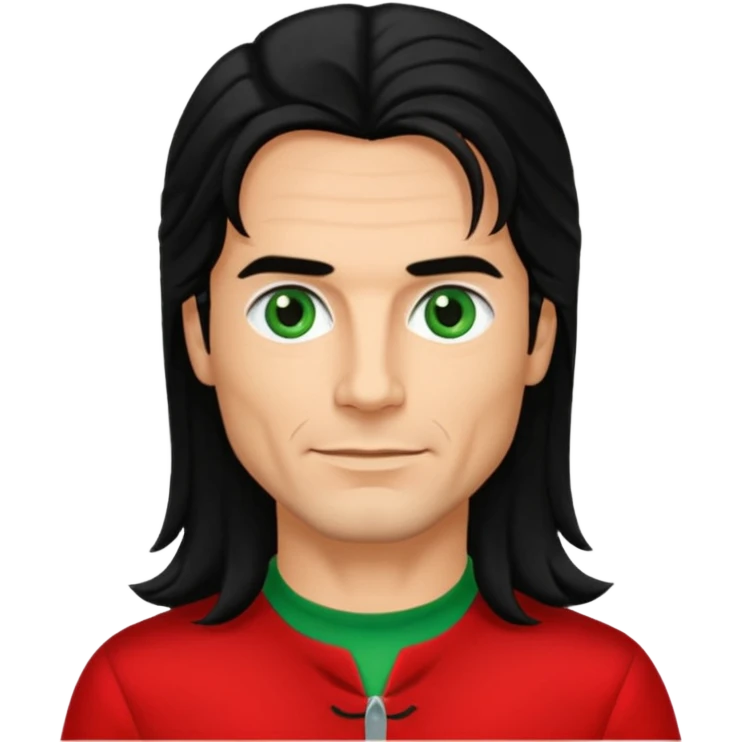 Robert Pilatus, German Singer (1964-1998) with tan skin, long black hair, green eyes, red outfit emoji