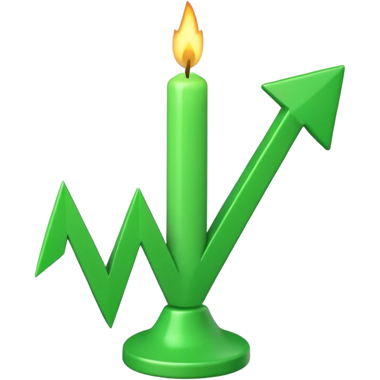 iOS-style 3D emoji: rising green candlestick chart with an upward-pointing arrow emoji
