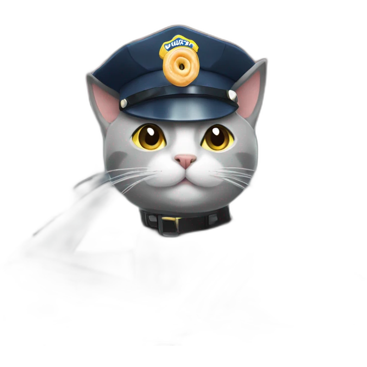 grey cat in a police hat in a police car outside a doughnut shop emoji
