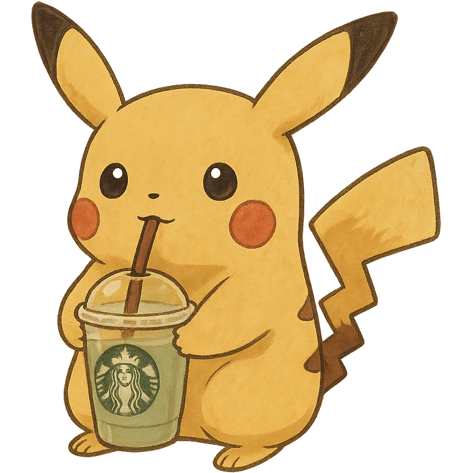 Pikachu drinking Starbucks emoji