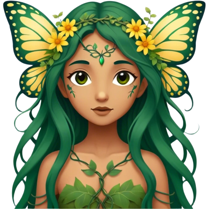 Cinematic Realistic Forest Nymph Fairy Portrait, depicted with lifelike, sun-kissed tanned skin that radiates an earthy glow, softly illuminated by natural, dappled light. Her long, flowing dark green hair is intricately detailed and interwoven with delicate vines and wildflowers, while her deep, soulful eyes mirror the wisdom of the forest. Dressed in an attire inspired by nature’s palette—with subtle botanical motifs—the portrait exudes a soft, enchanted glow that melds realism with woodland magic showing her large butterfly wings. emoji