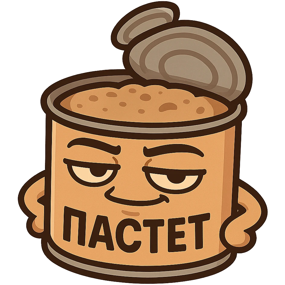 Chibi open pâté can character, masculine confident look, relaxed smug smile, heavy eyelids, strong outline, simple emoji style, neutral warm colors, minimal design, Twitch emote optimized, Cyrillic text "ПАСТЕТ" bold and clear emoji