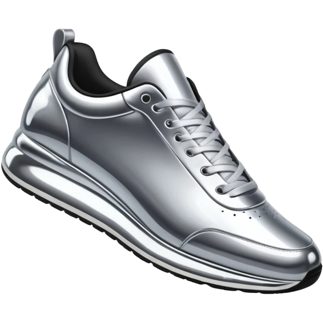 A pair of futuristic sneakers emoji made of silver chrome, sleek streetwear design, smooth metallic panels, subtle reflections, luxury swag aesthetic, iOS emoji style, centered, clean white background emoji