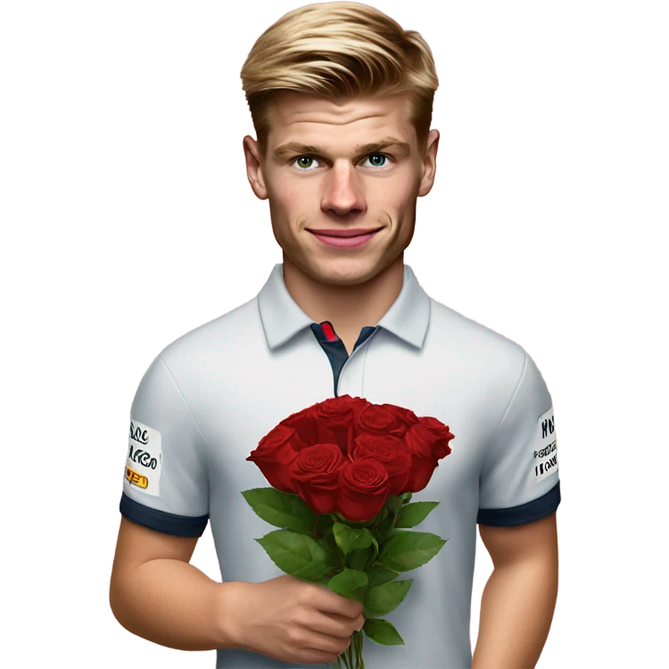 realistic photo of max verstappen holding roses and chocolates emoji