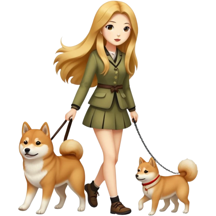 Long-haired beautiful girl walking the Shiba Inu emoji