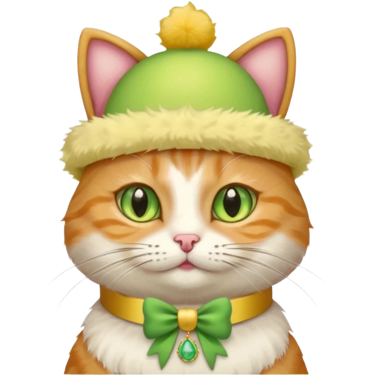cat wearing a creamy cake hat with fun necklace around his neck and a yellow bow in the middle emoji