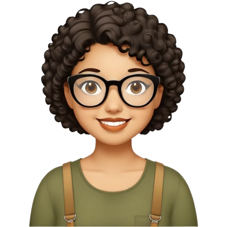 Woman in her 20s with caramel skin tone. Cheerful round face with chubby cheeks. Brown eyes behind thick black glasses. Voluminous short curly hair. Wide smile with dimples. Wearing olive green shirt with wide straps. emoji