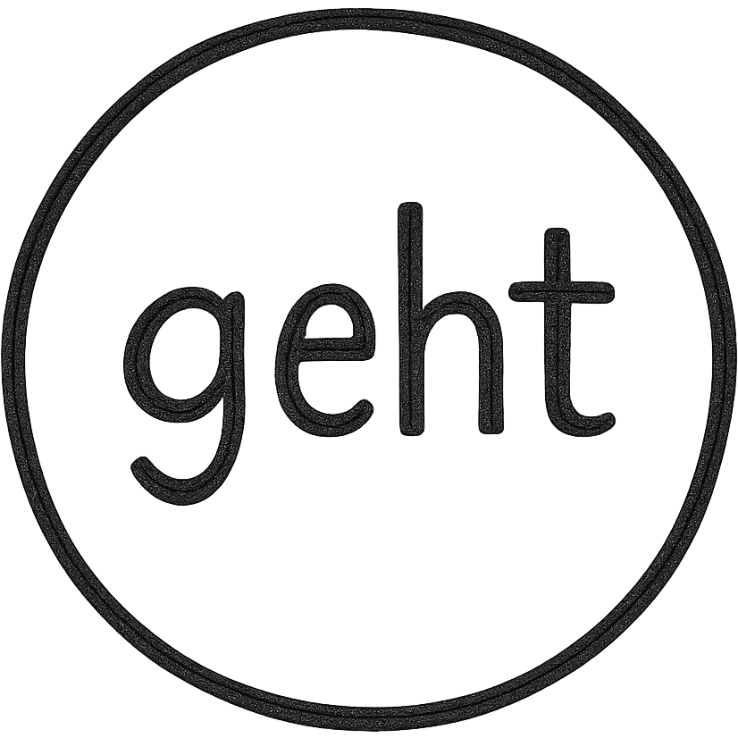 circle with the word 'geht' in the center, clear and readable, simple design, black text on white background, neutral style emoji