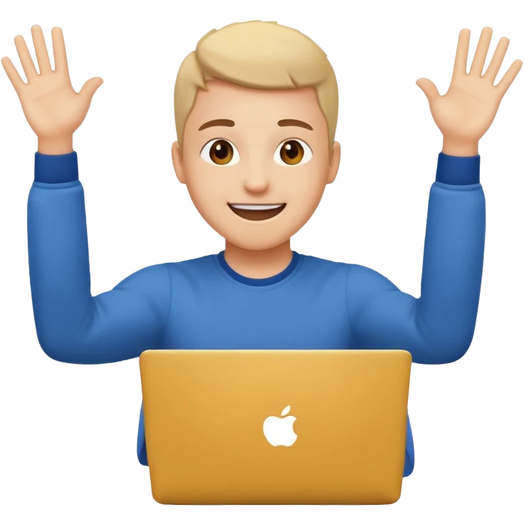 college student smiling in front of a laptop, arms raised in a hooray position, emoji style emoji