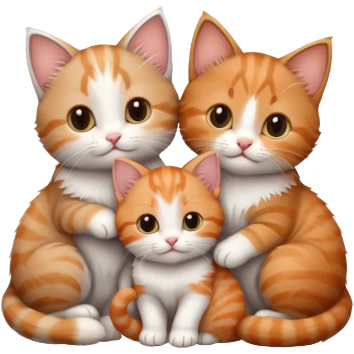 3 tiny kittens cuddling together all different colours, the first one is grey and white, the second is ginger and white and the third is brown tabby and white emoji