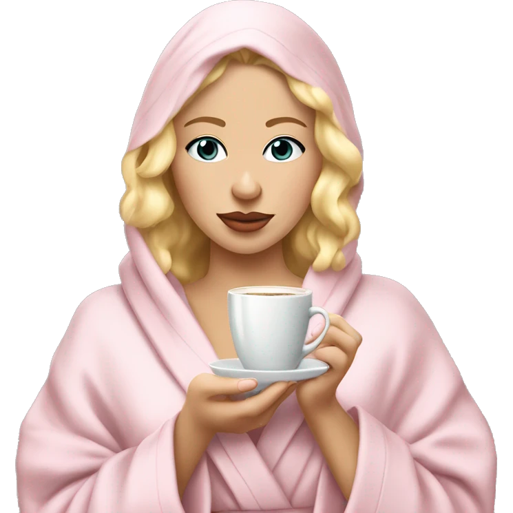Blonde 20 year old making coffee coquette in a light baby pink robe and a towel onbher head emoji
