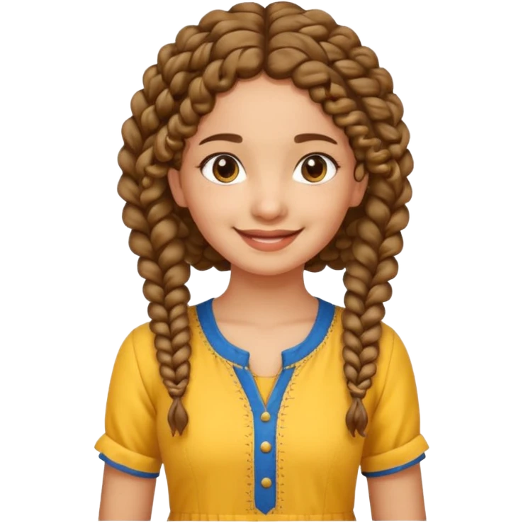 fair Indian girl with curly hair in a braid, smiling, yellow kurti, blue jeans, standing emoji