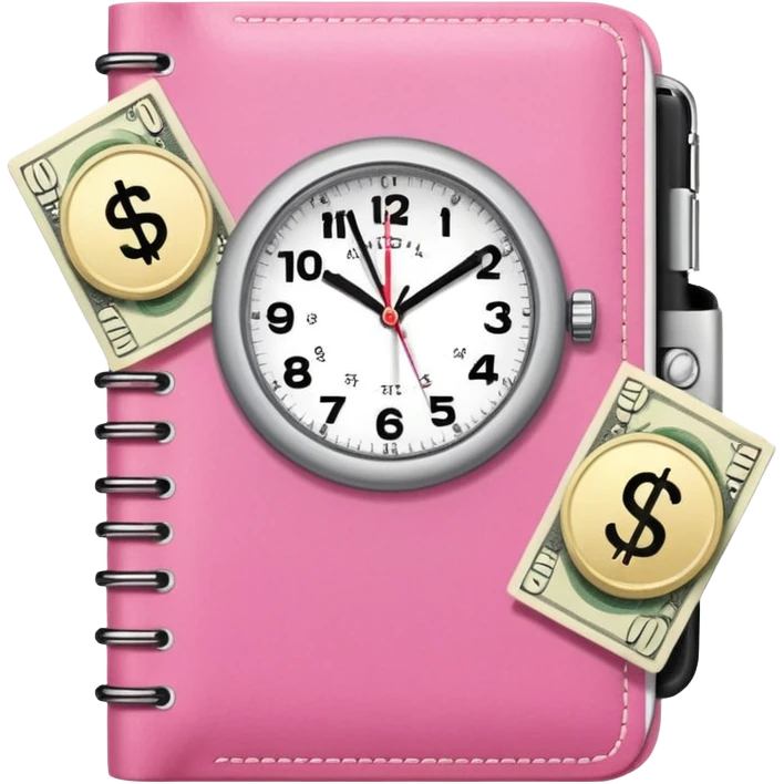 Libreta rosa, reloj femenino blanco y un dolar emoji