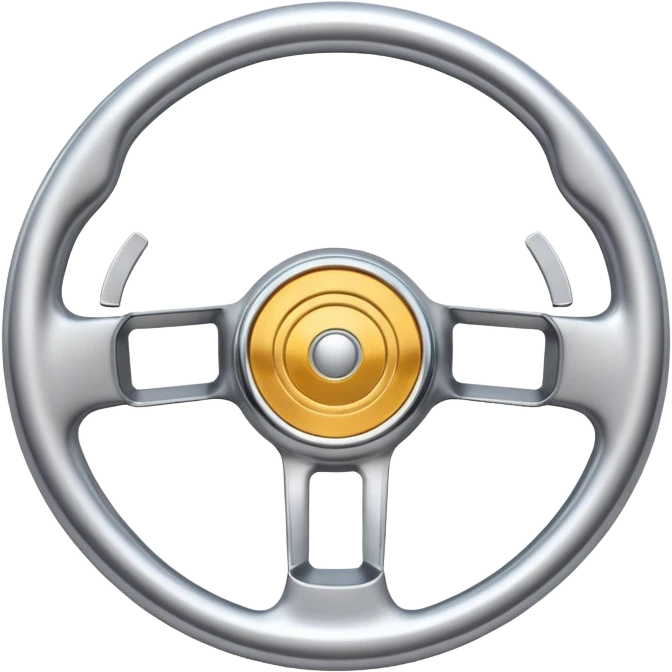 A futuristic steering wheel emoji made of silver chrome, minimal geometric design, smooth metallic surface, soft reflections, iOS emoji style, centered, clean white background emoji