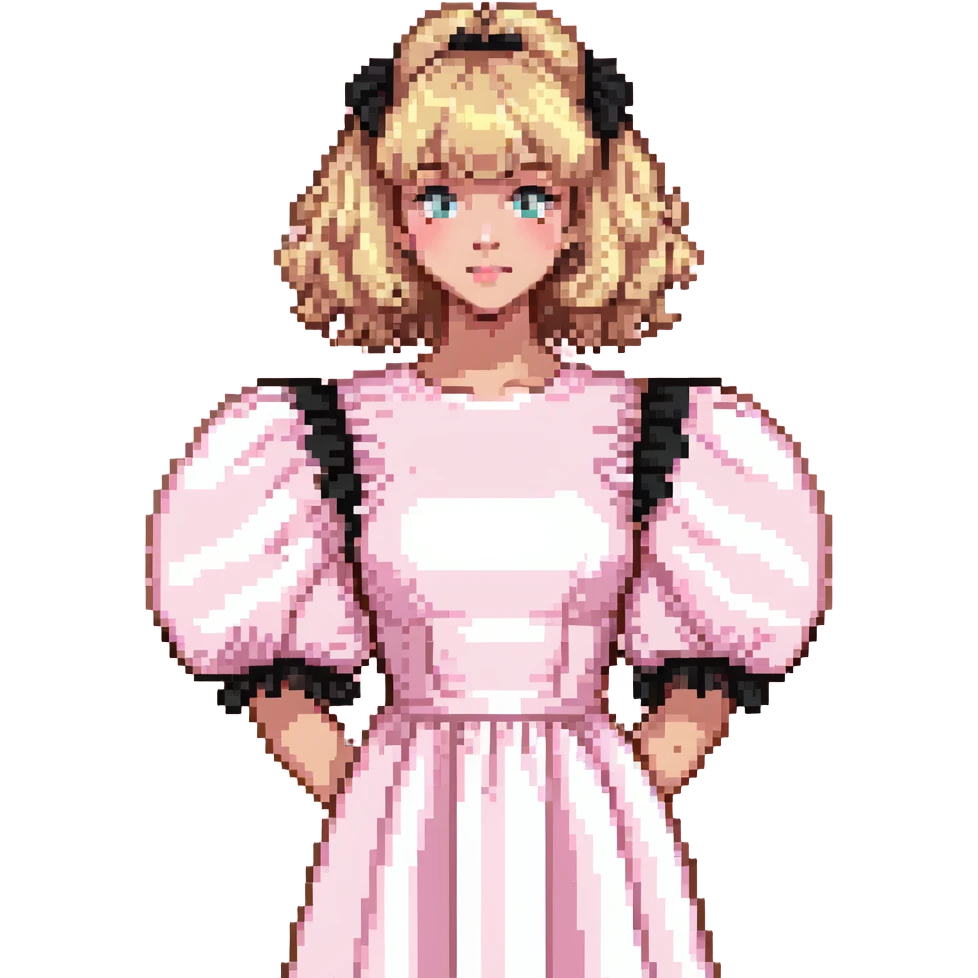 Blonde, pale girl with bangs and curly hair and a pastel pink puff sleeve dress emoji