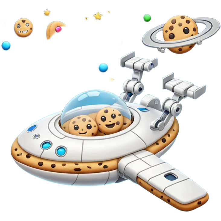 Half spaceship cookie factory floating in space, robotic arms baking in zero gravity, stars in background, futuristic emoji-style emoji