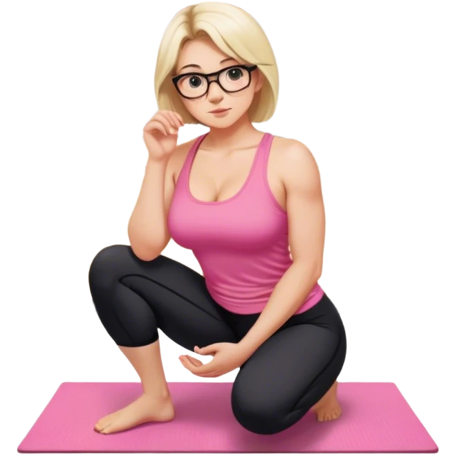 view from quarter angle, fair skinned woman, thick milf, short blond hair, small reading glasses, squatting down in kitchen, pink loose tank top, showing natural B cup breast shape SFW, black yoga pants, large curvy booty emoji
