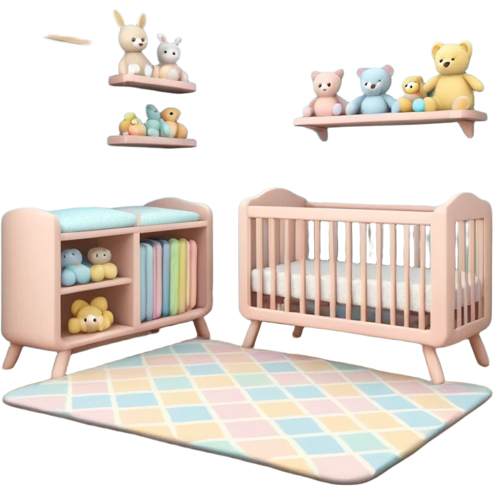 baby room, Crib beside toy shelf and rug emoji