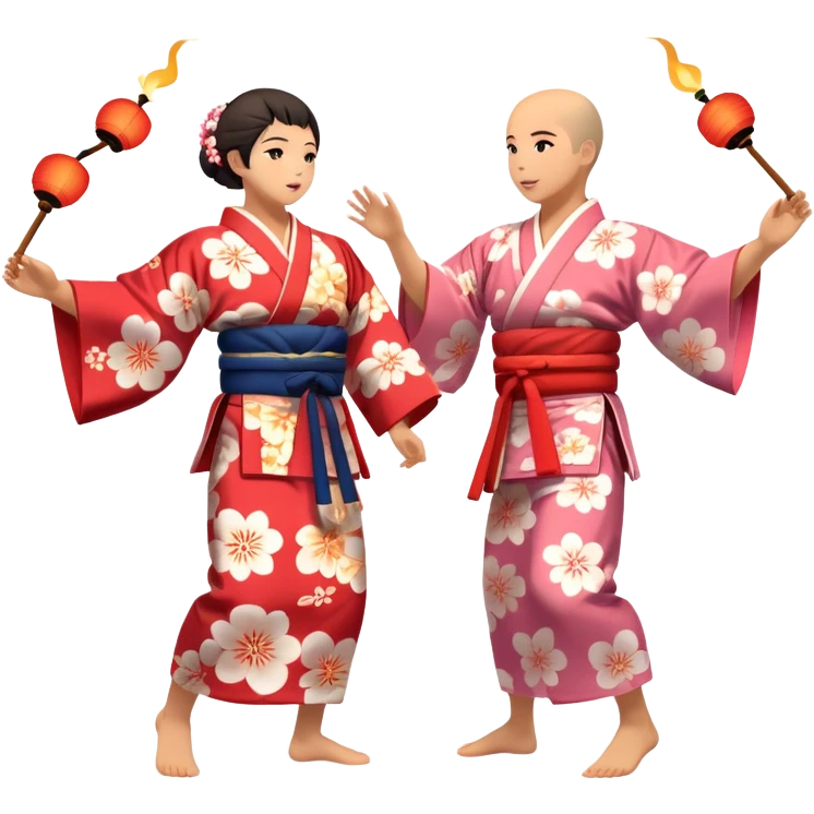 Cinematic Realistic scene of two performers engaging in Bon Odori, dressed in traditional yukata with intricate summer patterns, captured in graceful, rhythmic motion with warm, festive lighting emoji