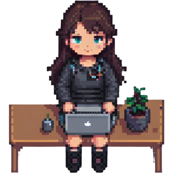 girl working on a MacBook, pixel art style emoji