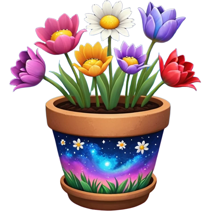 Galaxy Painted flower clay pot of Space Petalled Daisies, Nebula Petalled Roses, And Milky Way Petalled Tulips, emoji