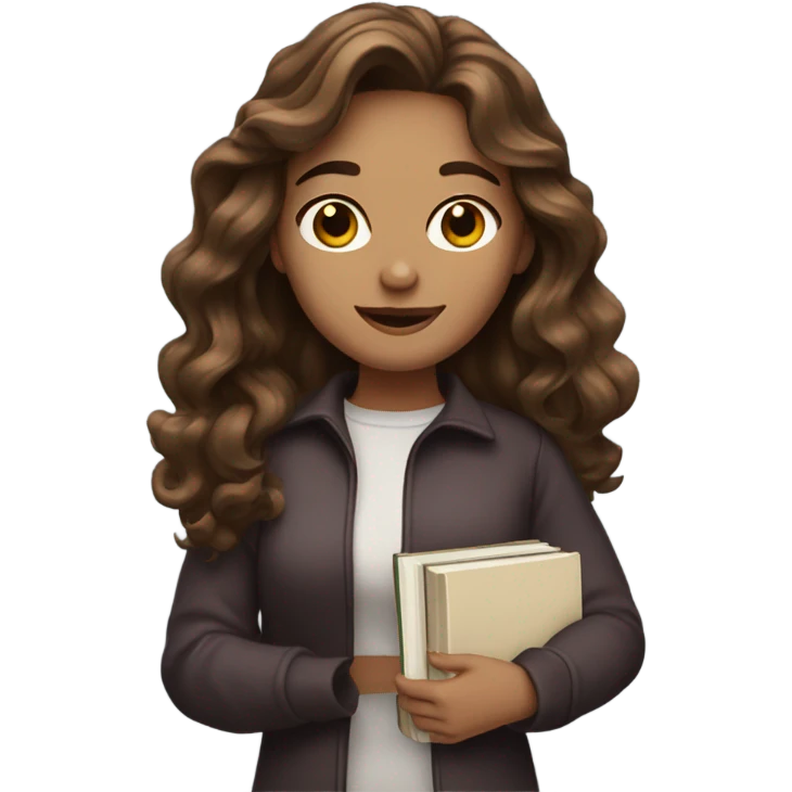 A woman with long wavy brown hair and books emoji