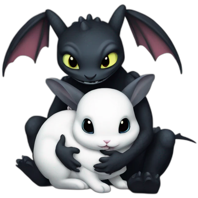 Toothless the dragon hugging a white bunny emoji