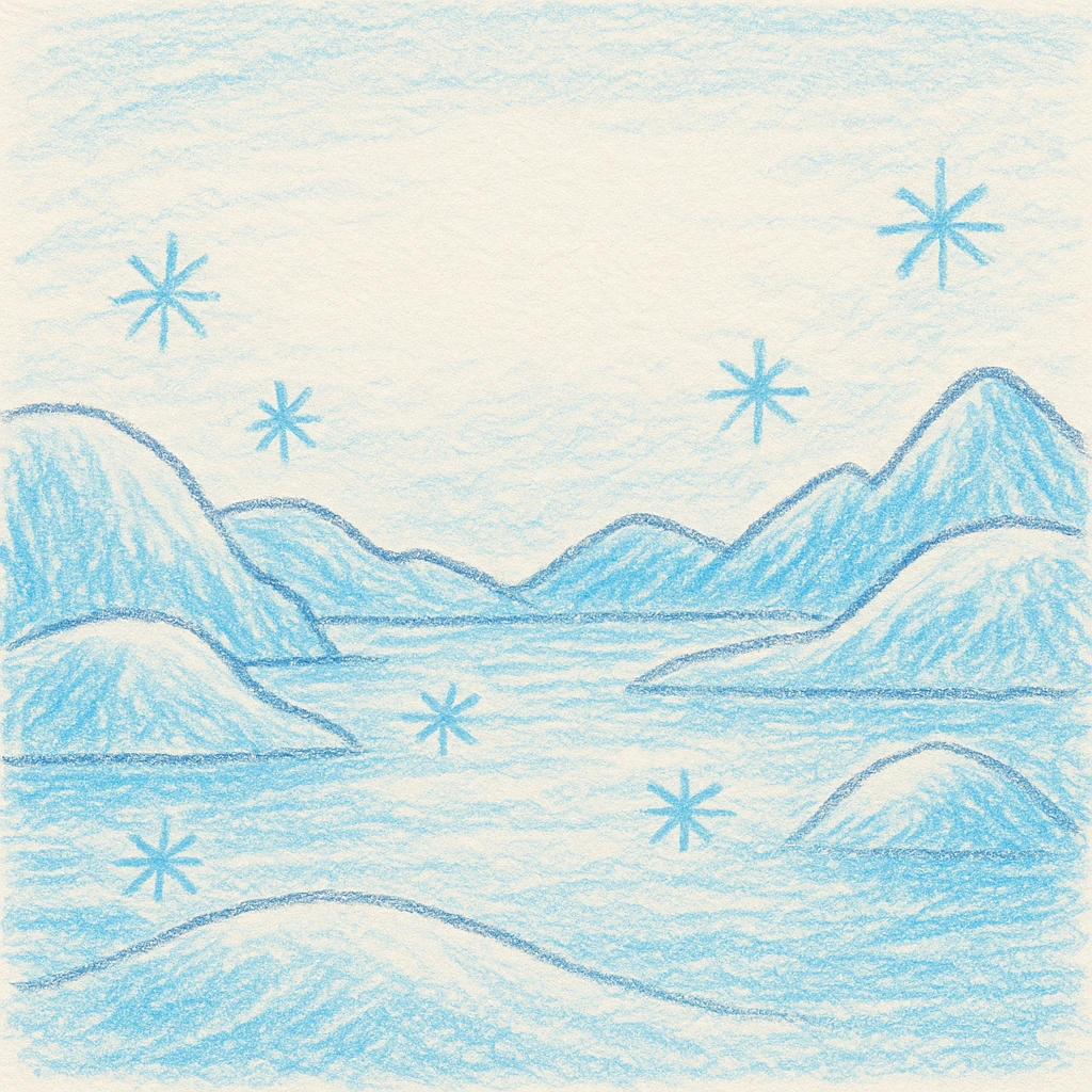 icy planet background for a children's book, pastel blue and white, frosty hills, sparkling ice, open sky area for text, no characters, inviting and playful mood emoji